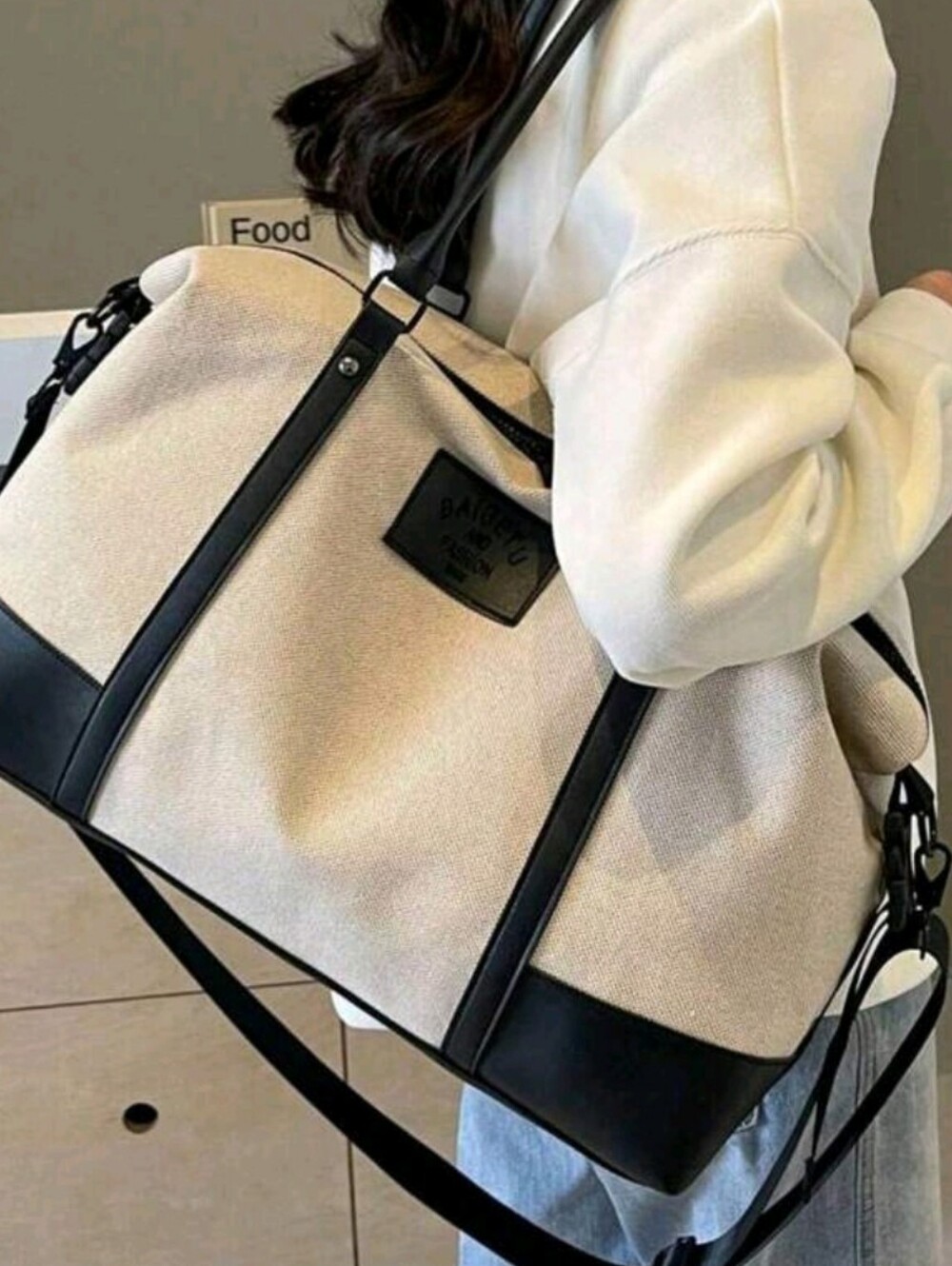 Canvas Weekender Bag with Black Trim - Beige